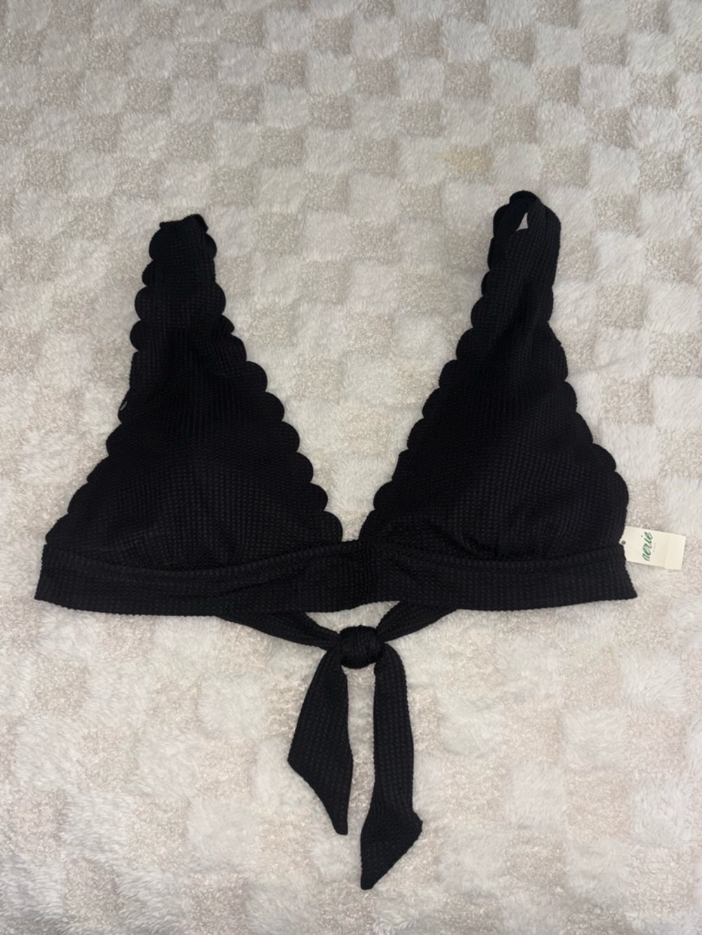 Aerie Waffle Scalloped Tie Longline Triangle Bikini Top in Black • Size XXL